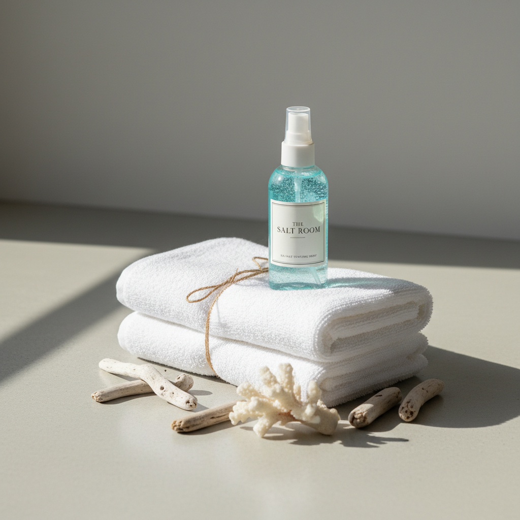 A serene, photographic realism still life capturing The Salt Room’s brand essence. On a smooth, pale concrete surface, a folded, plush white towel is tied loosely with thin natural twine. Resting atop is a translucent glass bottle of sea-salt texture spray, its liquid faintly tinted a soft ocean blue, label in understated serif typography. Scattered nearby are small, bleached driftwood pieces and a single piece of pale coral. The scene is illuminated by soft morning light from the left, casting long, delicate shadows that feel like early sun on a quiet beach. Background is a softly blurred, matte off-white wall, clean and unadorned. Shot at a slightly elevated angle, the minimalist composition feels luxurious, calm, and perfectly aligned with a sophisticated coastal hair studio identity.